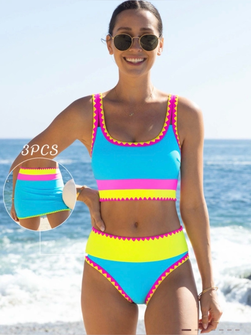 New Popvil High Waisted Bikini 3pc Set Tummy Control Neon Size large